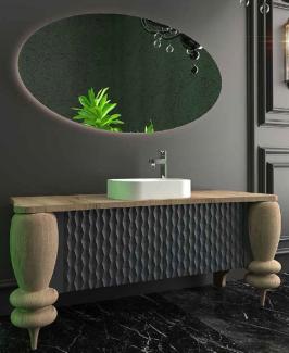 Casa Padrino Luxus Badezimmer Set Naturfarben / Grau / Weiß - 1 Waschtisch mit 2 Türen und 1 Waschbecken und 1 LED Wandspiegel - Luxus Badezimmermöbel