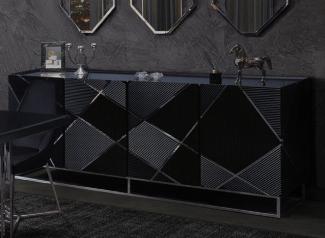 Casa Padrino Luxus Sideboard Schwarz / Silber 220 x 53 x H. 86 cm - Wohnzimmer Sideboard mit 4 Türen - Luxus Möbel