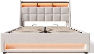 Merax Polsterbett, Baumwolle-Leinen Bezug Stauraumbett mit USB-Anschluss + LED 180x200cm, beige