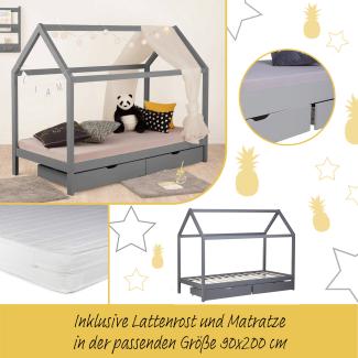 Kinderbett mit Matratze Kinderhaus Spielbett Hausbett 90x200 cm Grau mit Bettkasten
