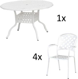 Inko 5-teilige Sitzgruppe Aluminium Guss weiß Tisch Ø 120 cm mit 4 Sesseln Tisch Ø120 cm mit 4x Sessel Capri