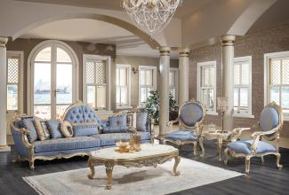 Casa Padrino Luxus Barock Wohnzimmer Set Hellblau / Weiß / Antik Gold - 2 Sofas & 2 Sessel & 1 Couchtisch & 2 Beistelltische - Barock Wohnzimmer Möbel - Edel & Prunkvoll