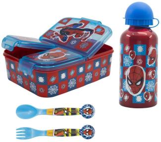 MARVEL Lunchbox Marvel Spiderman 4 tlg Kinder Set, (4-tlg), 3 Kammern Brotdose Alu-Trinkflasche Besteck