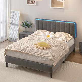 Merax Polsterbett 160*200, Nachttisch mit farbwechselnden LED-Lichtern, Samtstoff, Doppelbett Flachbett mit Lattenrost, Grau (Ohne Matratze)