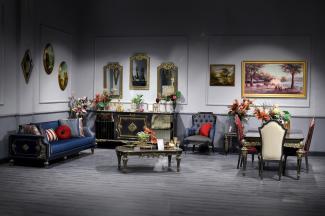 Casa Padrino Luxus Barock Wohnzimmer & Esszimmer Set Blau / Schwarz / Gold - Barockmöbel