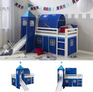 Homestyle4u Spielbett mit Tunnel, Turm und Rutsche, Blau, Kiefernholz blau / weiß, 90 x 200 cm