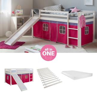 Hochbett mit Matratze 90x200 cm Rutsche Stockbett Kinderbett Leiter Holz Kiefer Vorhang Pink Lattenrost Spielbett