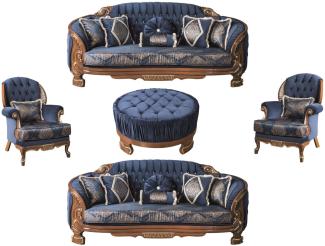 Casa Padrino Luxus Barock Wohnzimmer Set Blau / Braun - 2 Sofas & 2 Sessel & 1 Couchtisch - Prunkvolle Wohnzimmer Möbel im Barockstil