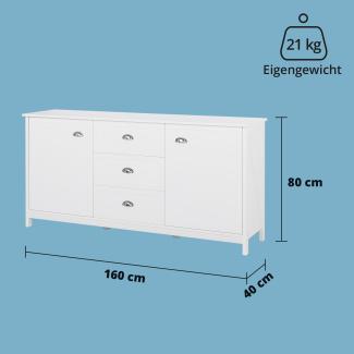 KHG Kommode groß, Sideboard Holz Weiß, Highboard für Schlafzimmer, Wohnzimmer, Flur, 2 Fächer mit 4 Ablagen, 3 Schubladen, Muschelgriffe, dekorative X-Streben, maritimer Landhausstil, 160x40x80 cm