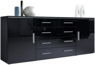 Vladon Sideboard Faro V2, Kommode mit 2 Türen und 4 Schubladen, Schwarz matt/Schwarz Hochglanz (166 x 72 x 35 cm)