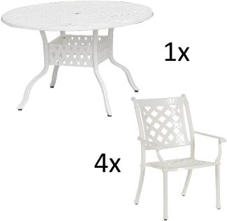 Inko 5-teilige Sitzgruppe Aluminium Guss weiß Tisch Ø 120 cm mit 4 Sesseln Tisch Ø120 cm mit 4x Sessel Duke