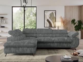 Ecksofa mit Bettfunktion, Modern Sofa, L-form, Einstellbare Kopfstützen, Bettkasten, PEDRO, 1x Ecksofa, Dunkelgrau, Cord, links