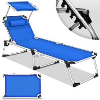 tillvex® Sonnenliege mit Dach und Kopfkissen Blau - Basic Polsterung | Gartenliege Liegestuhl klappbar | Strandliege mit verstellbarer Rückenlehne, gepolsterte Liegefläche | Aluminium Liege