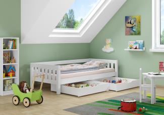Gemütliches Kinderbett mit dreiseitiger Sicherung 90x200 cm Kiefer weiß V-60. 29-09WRollrost und Doppelbettkasten inkl.
