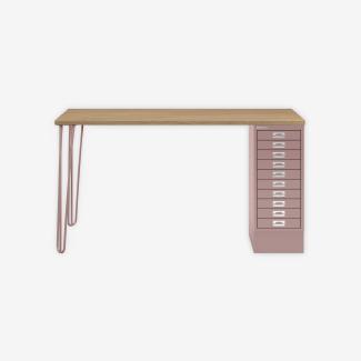 MultiDesk, 2 Stahlfüße, 1 MultiDrawer mit 10 Schüben, Dekor natürliche Eiche, Farbe Pastellpink, Maße: H 740 x B 1400 x T 600 mm