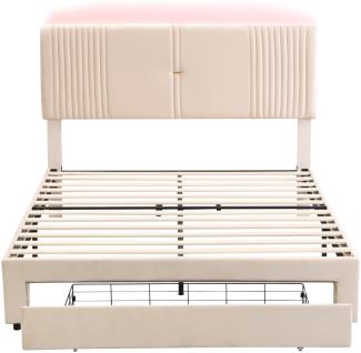 Merax Polsterbett 140 x 200 cm, Doppelbett mit Lichtleiste und USB-Buchse, großer Schublade, Doppelbett in Samtstoff, für Erwachsene, Beige