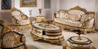 Casa Padrino Luxus Barock Wohnzimmer Set Gold / Weiß / Blau / Gold - 2 Sofas & 2 Sessel & 1 Couchtisch & 2 Beistelltische - Handgefertigte Wohnzimmer Möbel im Barockstil - Edel & Prunkvoll