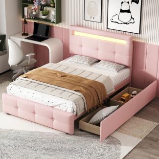 Merax Polsterbett 90*200cm mit LED-Leuchten, 2 Schubladen, hautfreundlicher Leinenpolsterung flach Einzelbett Gästebett Rosa