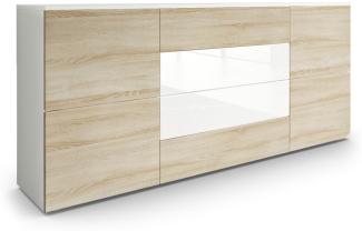 Vladon Sideboard Rova, Kommode mit 4 Türen und 4 Schubladen, Weiß matt/Eiche sägerau/Weiß Hochglanz (166 x 72 x 35 cm)