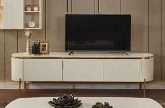 Casa Padrino Luxus TV Schrank Weiß / Gold 210 x 42 x H. 57 cm - Modernes Wohnzimmer Sideboard mit 3 Schubladen - Luxus Wohnzimmer TV Möbel