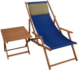 Strandstuhl blau Liegestuhl Sonnenliege Tisch Kissen Deckchair Buche Gartenstuhl 10-307 T KD