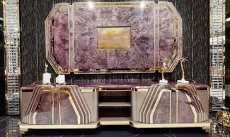 Casa Padrino Luxus Art Deco TV Schrank Lila / Grau / Gold - Prunkvolles Wohnzimmer Sideboard mit TV Rückwand - Art Deco Wohnzimmer Möbel - Luxus Kollektion