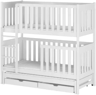 Deine Möbel 24 Etagenbett Hochbett OLIVIA für 3 Kinder 80x180 90x200 Weiß aus Massivholz (Matratzen optional, Kinderbett mit Rausfallschutz, 2 Bettkästen, Lattenrost und Leiter), aus Vollholz, in 2 Betten umbaubar, mit Ausziehbett