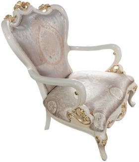 Casa Padrino Luxus Barock Sessel Silber / Weiß / Gold - Prunkvoller Wohnzimmer Sessel mit elegantem Muster - Barock Wohnzimmer Möbel