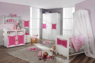 Babyzimmer Kate in Weiß- Rosa 7 teilig mit Kleiderschrank, Kinderbett Babyett mit Lattenrost und Umbauseiten, Wickelkommode und Regalen - Kinderzimmer komplett Set von Rauch Möbel - MD110006