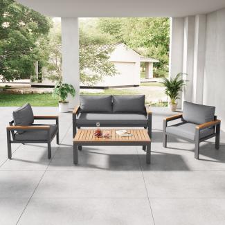 Merax Loungeset, Gartenmöbel-Set mit Rahmen aus verzinktem Stahl, (breites Set, 4-teiliges Esstisch-Set, 1x 2-Sitzer-Sofa, 2x Einzelstühle, 1x Tisch), Akazienholz Tischplatte und Armlehnen, Grau