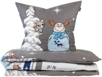 Schiesser Feinbiber Bettwäsche Set Kitta mit coolem Winter-Print, Farbe:Grau und Hellblau, Größe:155 cm x 220 cm