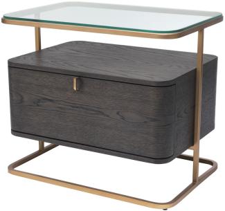 Casa Padrino Luxus Beistelltisch Mokka / Messing 65 x 46 x H. 57 cm - Edler Nachttisch mit Glasplatte und Schublade - Luxus Möbel