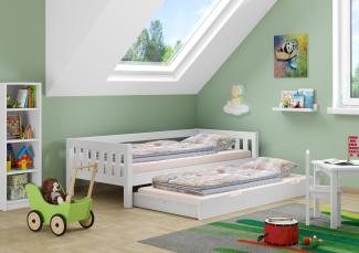 Gemütliches Kinderbett mit dreiseitiger Sicherung 90x200 cm Kiefer weiß V-60. 29-09WRollrost. Matratze und Gästebettkasten inkl.
