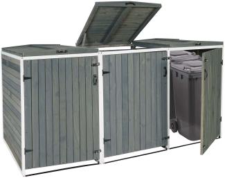 XL 3er-/6er-Mülltonnenverkleidung HWC-H74, Mülltonnenbox, erweiterbar 126x238x98cm Holz MVG ~ grau-weiß