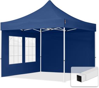 3x3 m Faltpavillon, ECONOMY Stahl 30mm, Seitenteile mit Sprossenfenstern, blau
