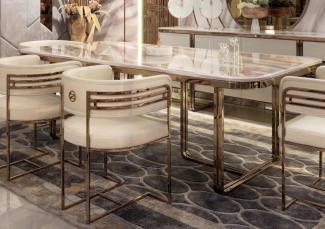 Casa Padrino Luxus Esszimmer Set Creme / Weiß / Kupfer - 1 Luxus Esstisch mit Kunstmarmor Tischplatte & 8 Luxus Esszimmer Stühle - Esszimmer Möbel - Luxus Möbel - Luxus Einrichtung