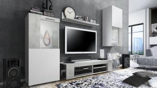 Vladon Wohnwand Movie, Anbauwand bestehend aus 1 TV-Board, 2 Vitrinen und 1 Regal, Weiß matt/Weiß matt/Beton Oxid-Optik (Gesamt: 300 x 190 x 39 cm)