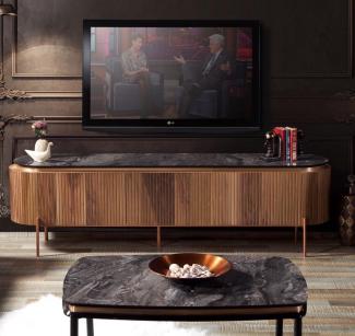 Casa Padrino Luxus TV Schrank Braun / Schwarz / Kupferfarben 208 x 48 x H. 57 cm - Fernsehschrank mit 4 Türen - Luxus Wohnzimmer Möbel