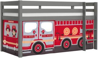 Vipack 'Pino' Halbhochbett 90x200 cm, grau, Kiefer massiv, mit Textilset 'Fire Rescue'