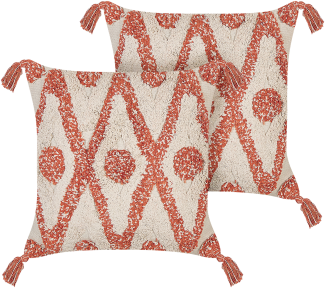 Dekokissen geometrisches Muster Baumwolle beige orange getuftet mit Quasten 45 x 45 cm 2er Set HICKORY