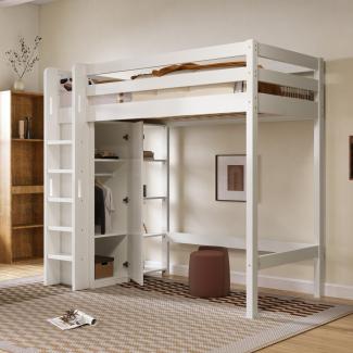 Merax Kinderbett Hochbett mit Kleiderschrank und 6 Regalen Einzelbett Liegefläche 90x200 cm - 208x110x186(BxTxH) Weiß