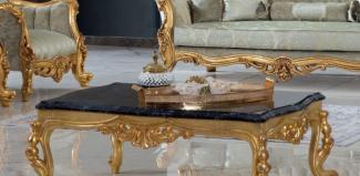Casa Padrino Luxus Barock Couchtisch Schwarz / Gold 120 x 85 x H. 50 cm - Prunkvoller Massivholz Wohnzimmertisch mit Tischplatte in Marmoroptik - Barock Möbel