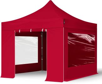 3x3 m Faltpavillon, PREMIUM Stahl 40mm, Seitenteile mit Panoramafenstern, rot