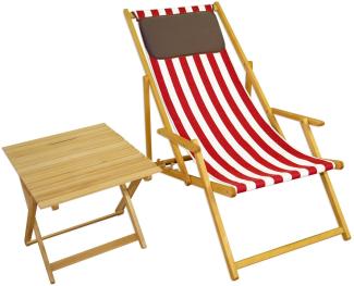 Gartenstuhl rot-weiß Sonnenliege Strandstuhl Deckchair Buche hell Tisch Kissen 10-314 N T KD