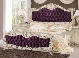 Casa Padrino Luxus Barock Doppelbett Lila / Weiß / Gold - Prunkvolles Massivholz Bett mit Glitzersteinen - Schlafzimmer Möbel im Barockstil - Edel & Prunkvoll
