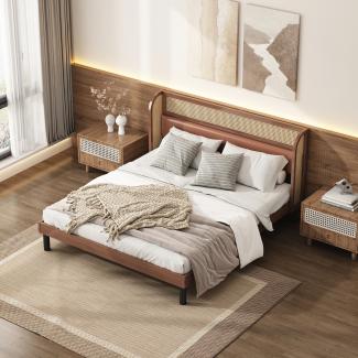 Merax Modernes Plattform-Doppelbett, mit PU-Polster und Rattan, Gebogene Ohren mit Rattanmaterial, Erwachsenenbett mit Holz Lattenroste, Kiefer, MDF, PVC-Rattan, PU, Walnuss, 160x200cm