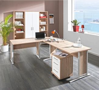 OFFICE LINE Büromöbel Komplettset in Eiche Sonoma Optik, Weiß - Möbel Set 3-teilig bestehend aus Eckschreibtisch, Rollcontainer und Regalwand