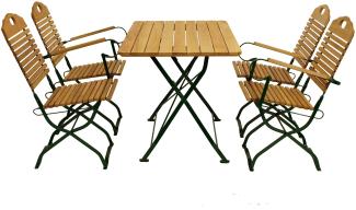 Kurgarten - Garnitur BAD TÖLZ 5-teilig (2x Stuhl, 2x Armlehnensessel, 1x Tisch 70x110cm), Flachstahl grün + Robinie, klappbar