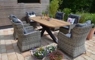 recycling Teak Esstisch 220 x 100 cm Brighton mit 6 Polyrattan Comfort Geflechtsesseln Silvia