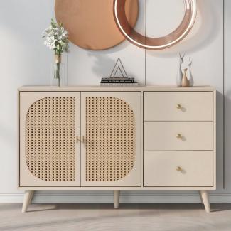 Merax Sideboard aus Holz mit 3 Schubladen und Rattan Geflechte Türen, Kommode mit Holzfüßen,Metall Bügelgriff,Lowboard,TV-Board,B:120cm